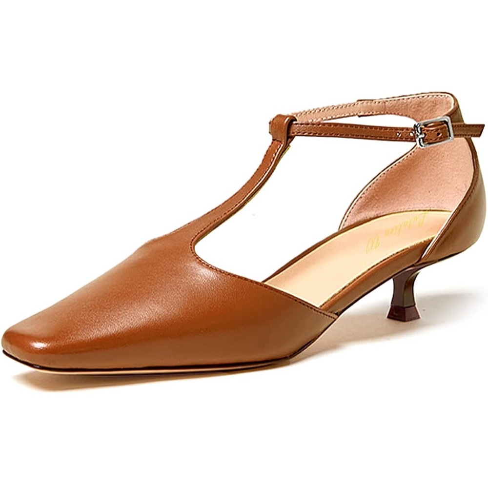 Elegant Brown T-Strap Kitten Heel Square Toe Patent/Matte Leather